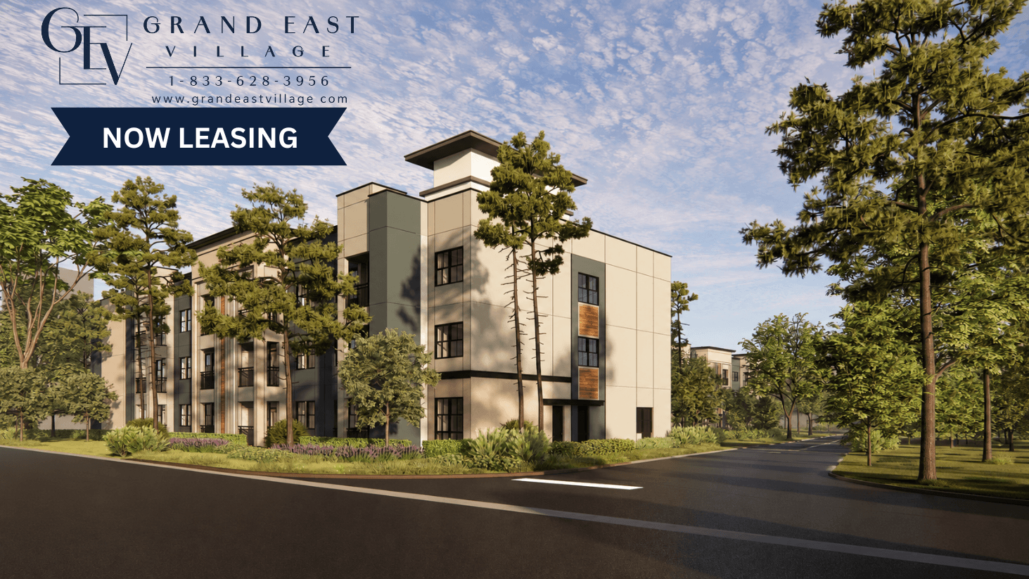 A building with the sign "Grand East Village" is now leasing.
